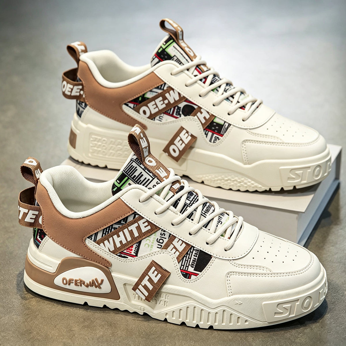 Men's White, Cream and Beige Platform Retro Trainer Sneakers