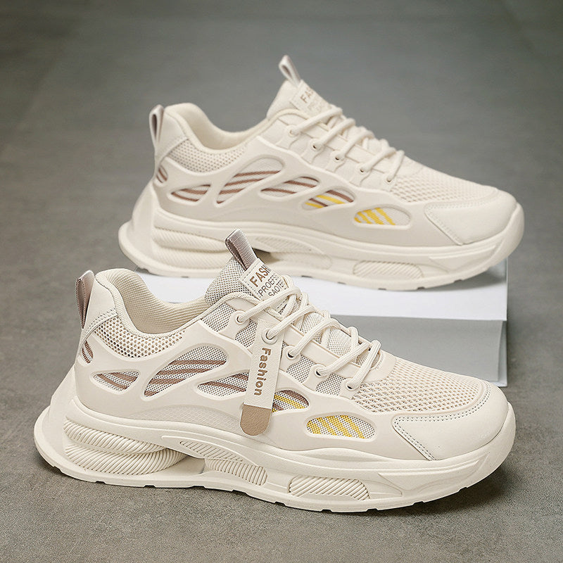 Men's White, Cream and Beige Mesh Platform Running Sneakers