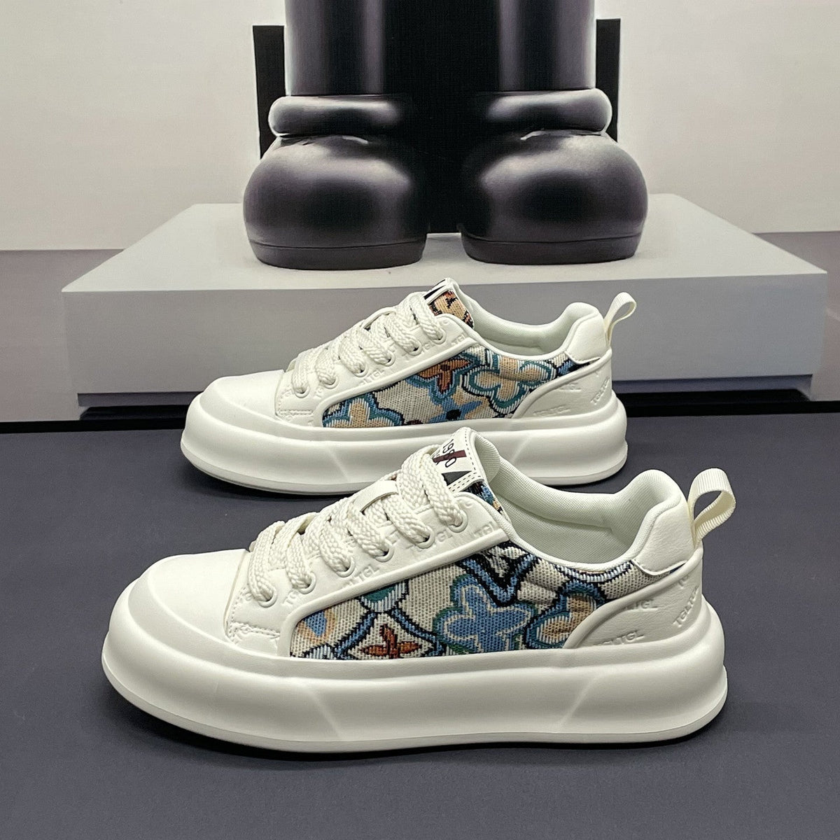 Men's Cream, Silver and Green Printed Canvas Sneakers
