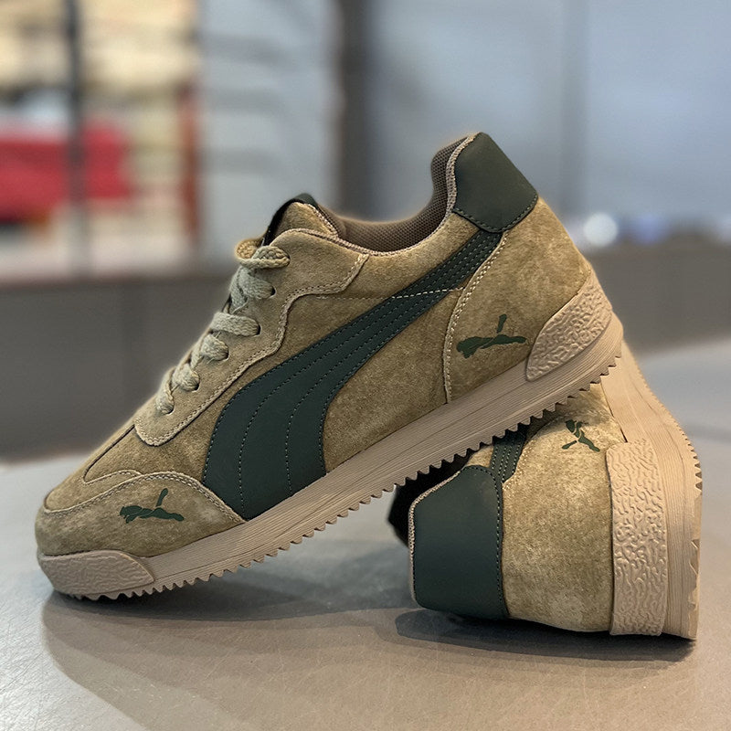Men's Tan and Dark Green Retro Trainer Sneakers