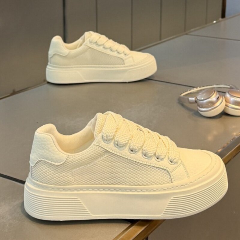 Men's Beige, Gray and Cream Mesh Platform Casual Sneakers