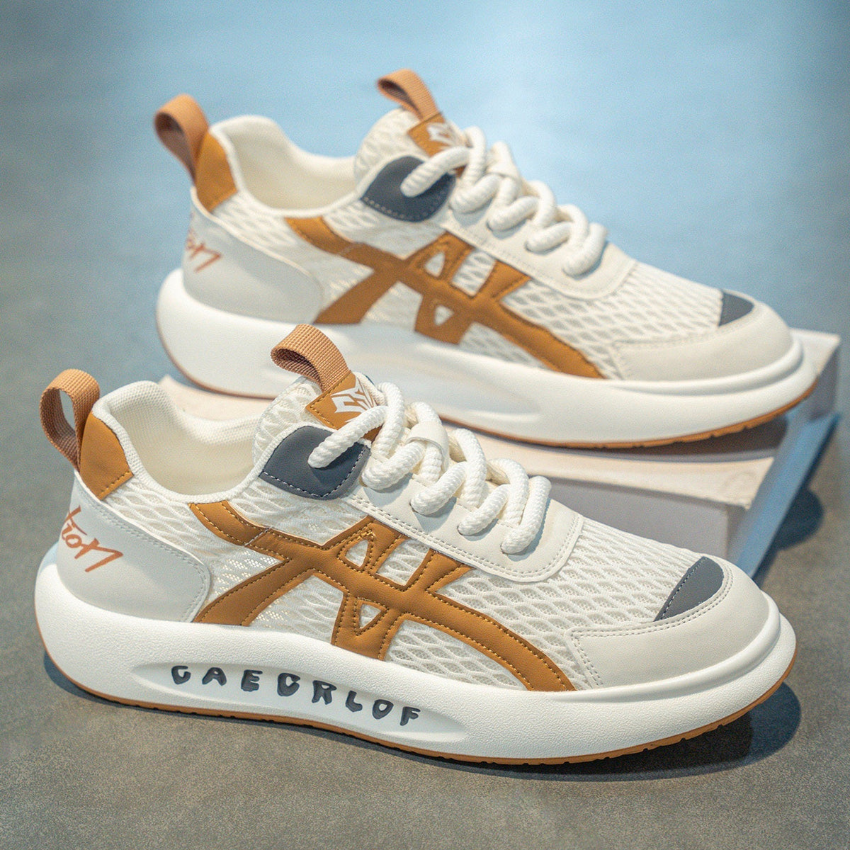 Men's White, Silver and Cream Mesh Platform Running Sneakers