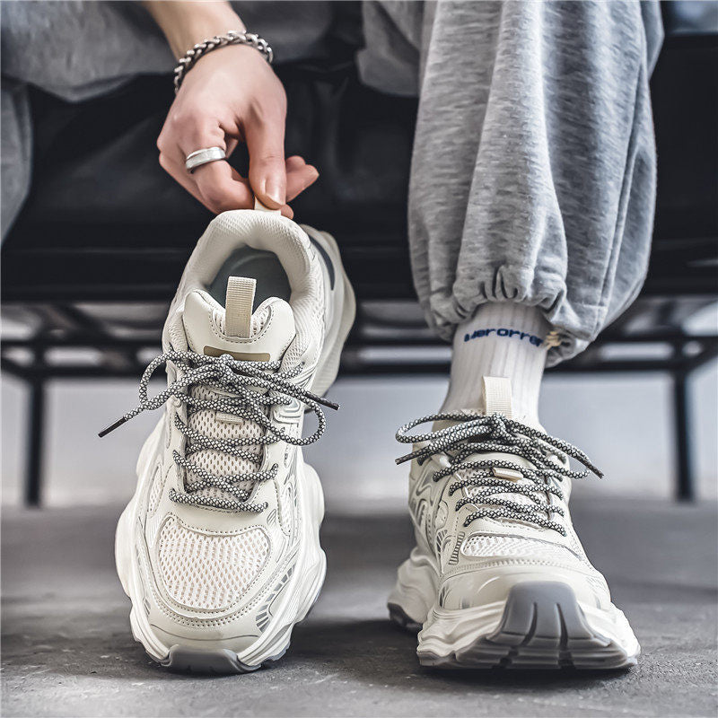 Men's White, Silver and Black Mesh Platform Casual Sneakers