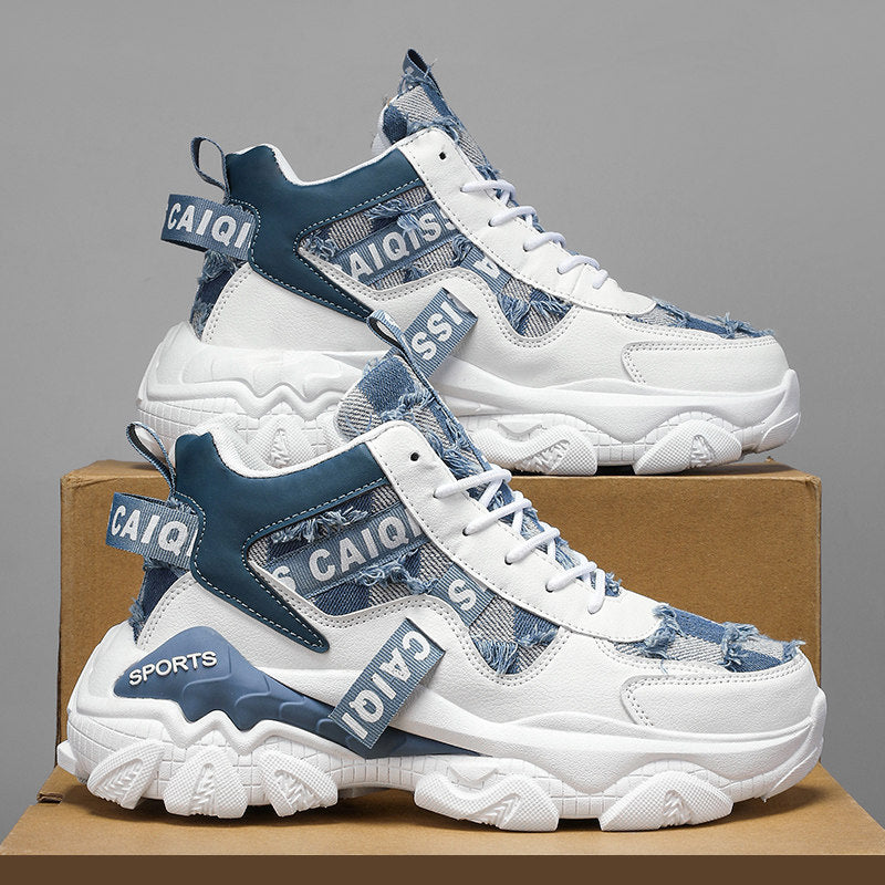 Men's White and Blue Chunky High-Top Sneakers