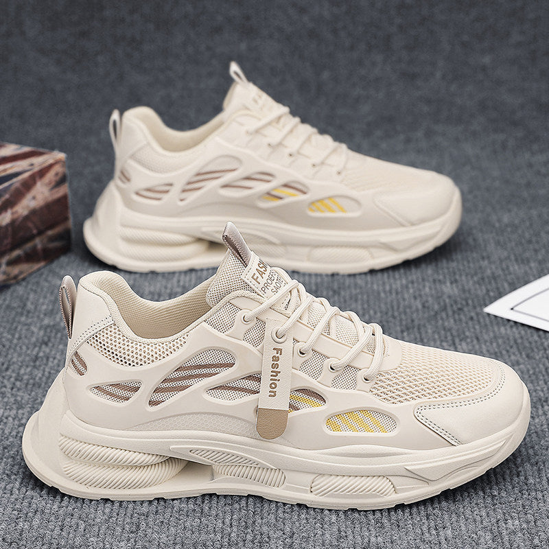Men's Cream, Beige and Gray Mesh Platform Running Sneakers