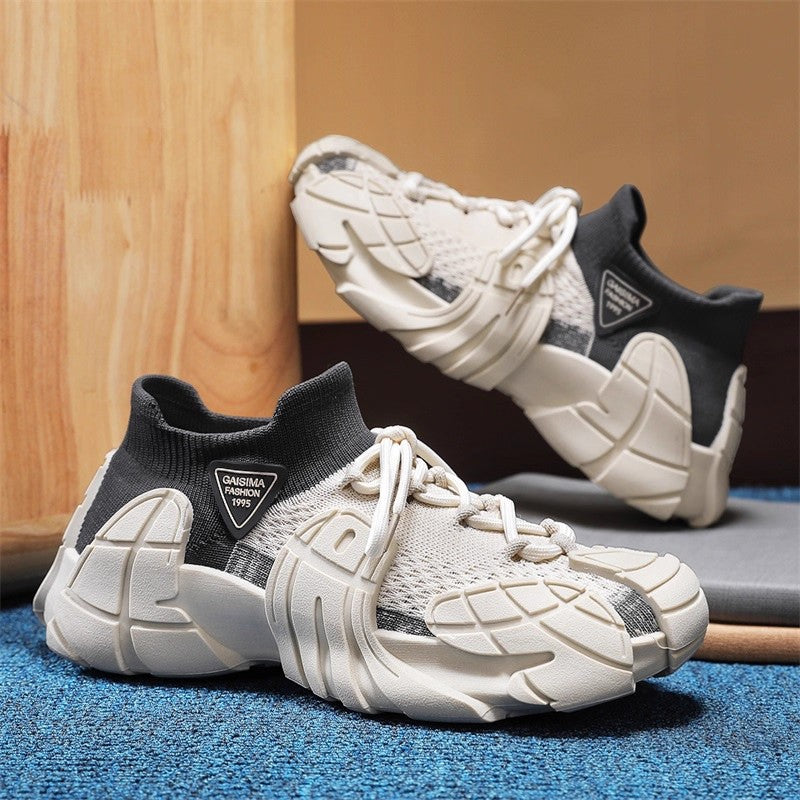 Men's Tan, Beige and Black Mesh Platform Casual Sneakers