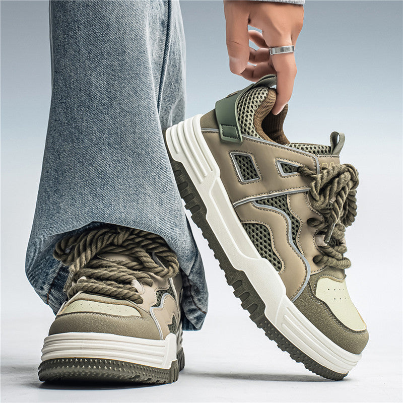 Men's White, Gray and Olive Platform Retro Trainer Sneakers