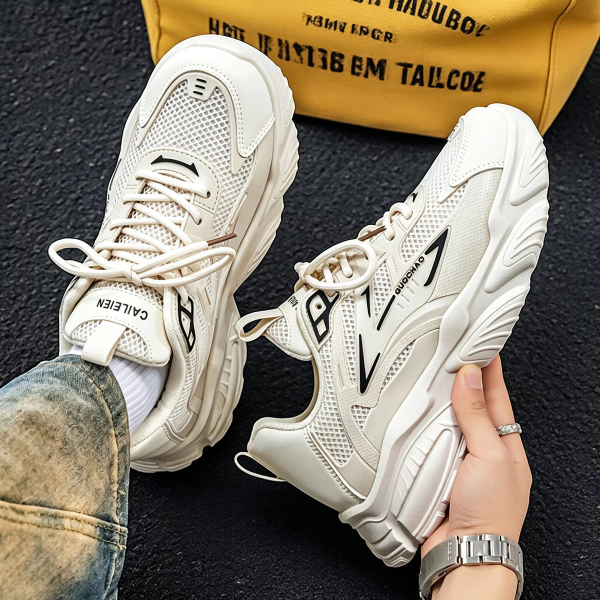 Men's White, Silver and Cream Mesh Platform Running Sneakers