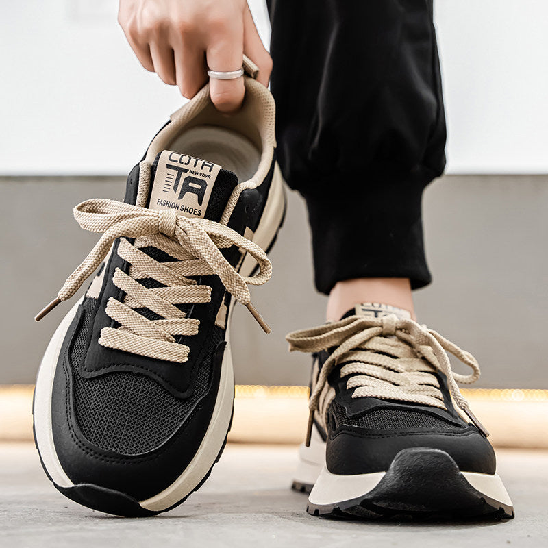 Men's Black and Beige Mesh Platform Sneakers