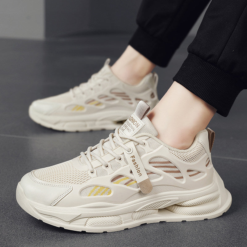 Men's White, Cream and Beige Mesh Platform Running Sneakers