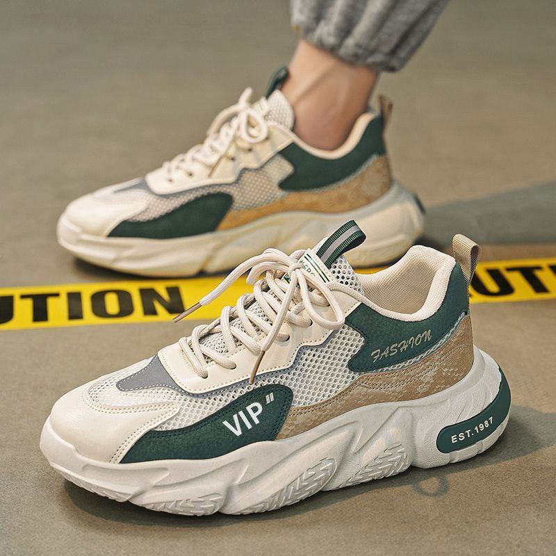 Men's White, Cream and Beige Mesh Platform Running Sneakers