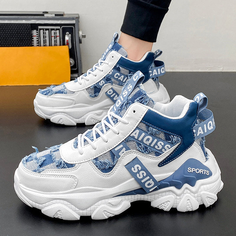 Men's White and Blue Chunky High-Top Sneakers
