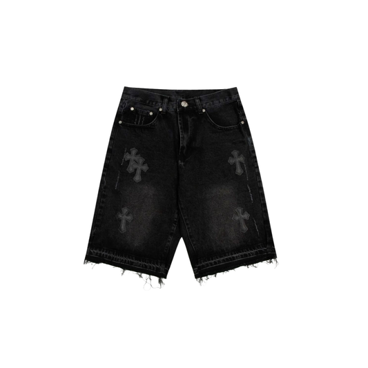 Chrome Hearts Cross Patch Denim Jorts - Washed Black