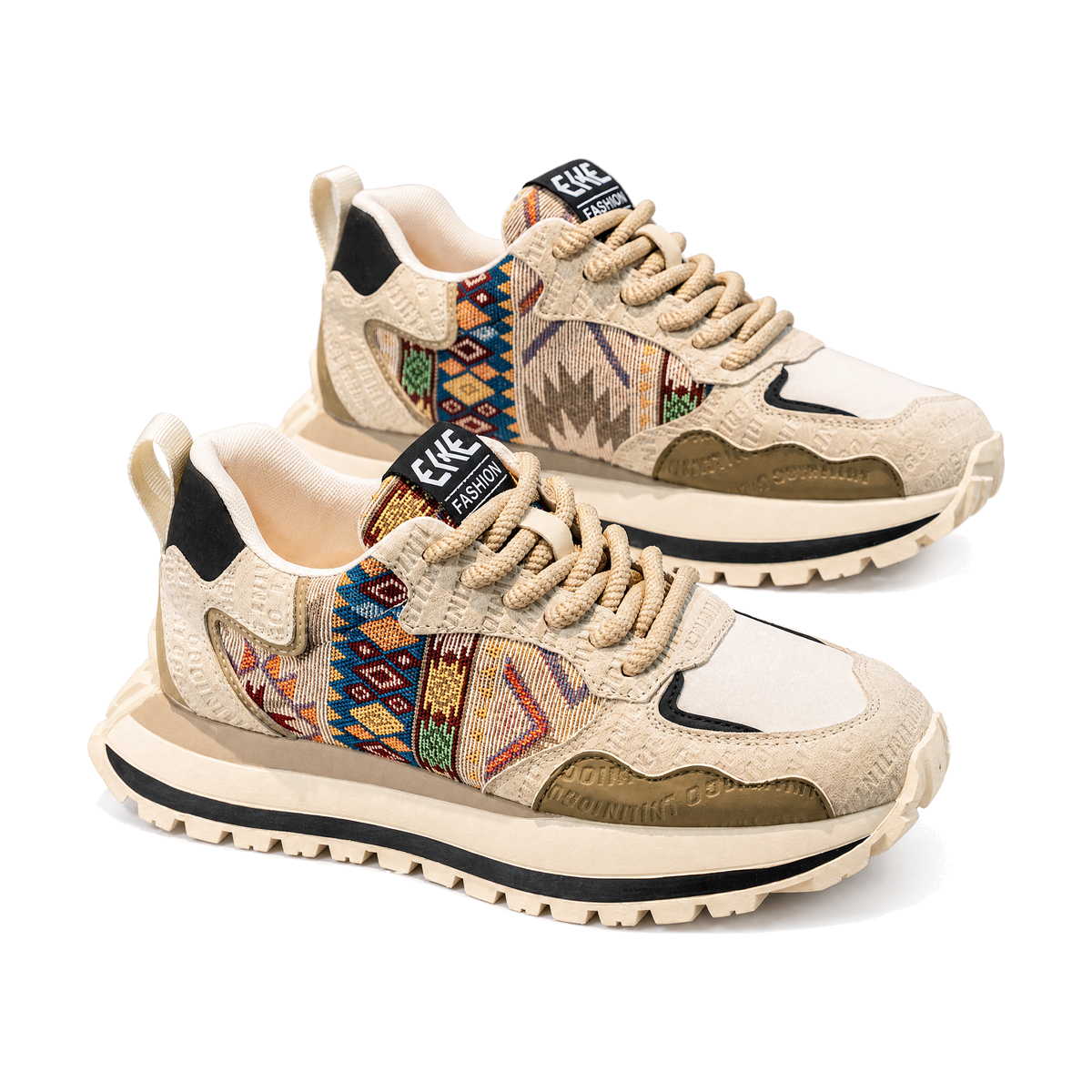 Men's Beige Multi-Color Patterned Running Sneakers