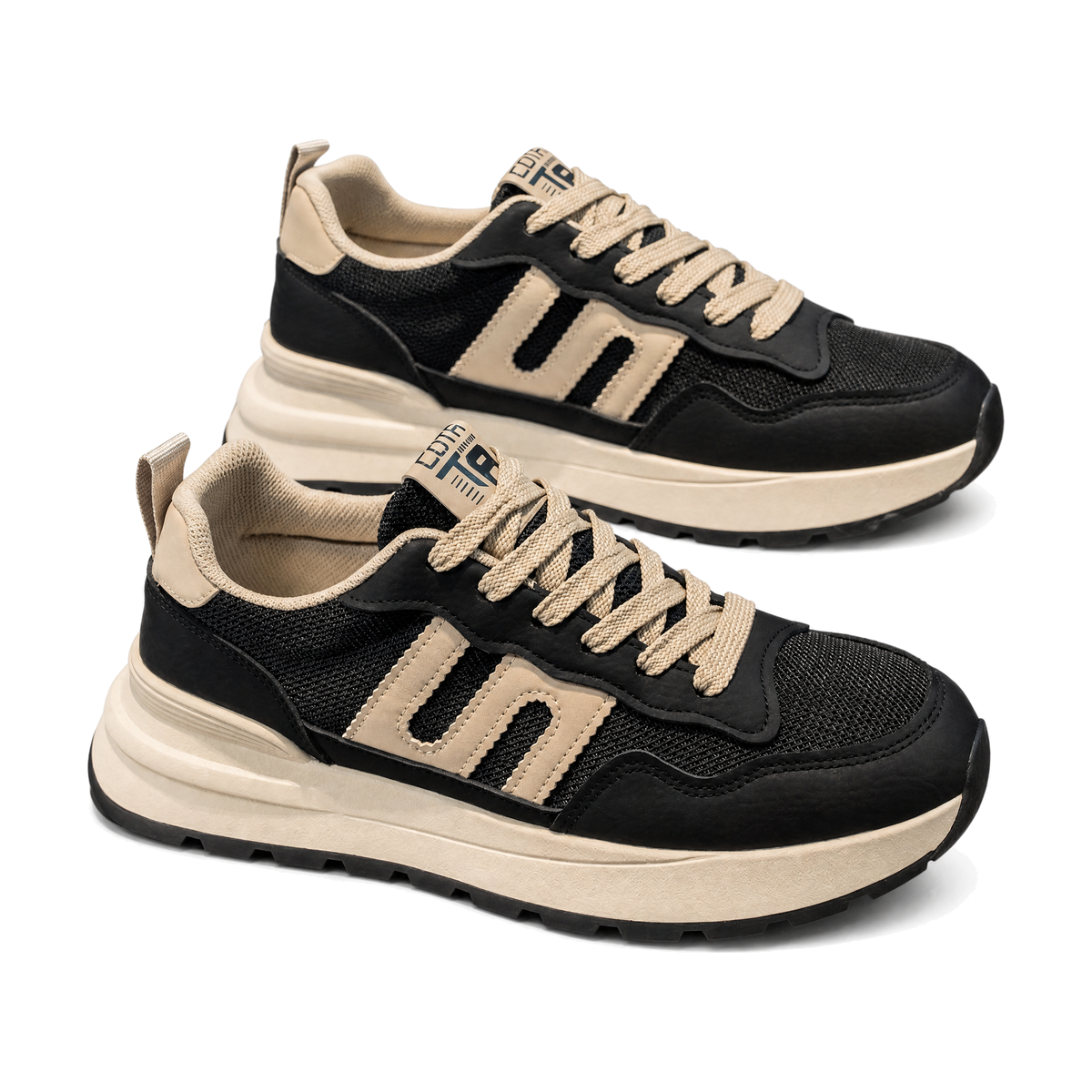 Men's Black and Beige Mesh Platform Sneakers