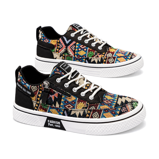 Men's Black Multi-Color Printed Canvas Sneakers