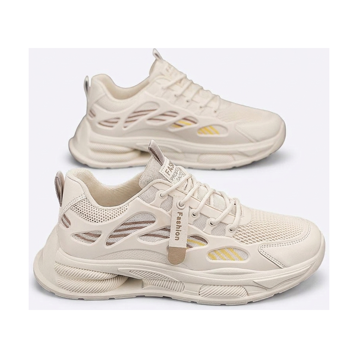 Men's Cream, Beige and Gray Mesh Platform Running Sneakers