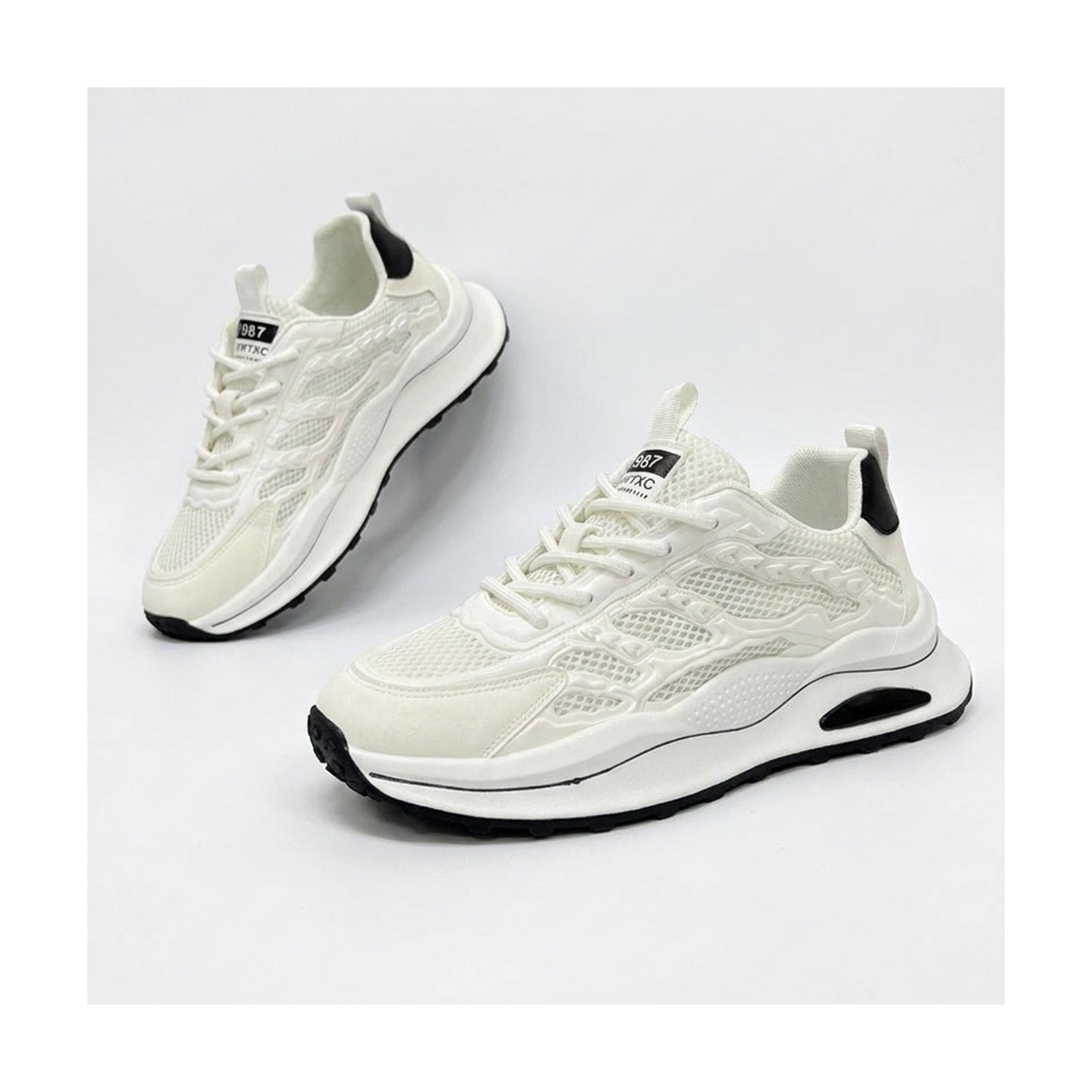 Men's Cream, Gray and Green Mesh Casual Sneakers