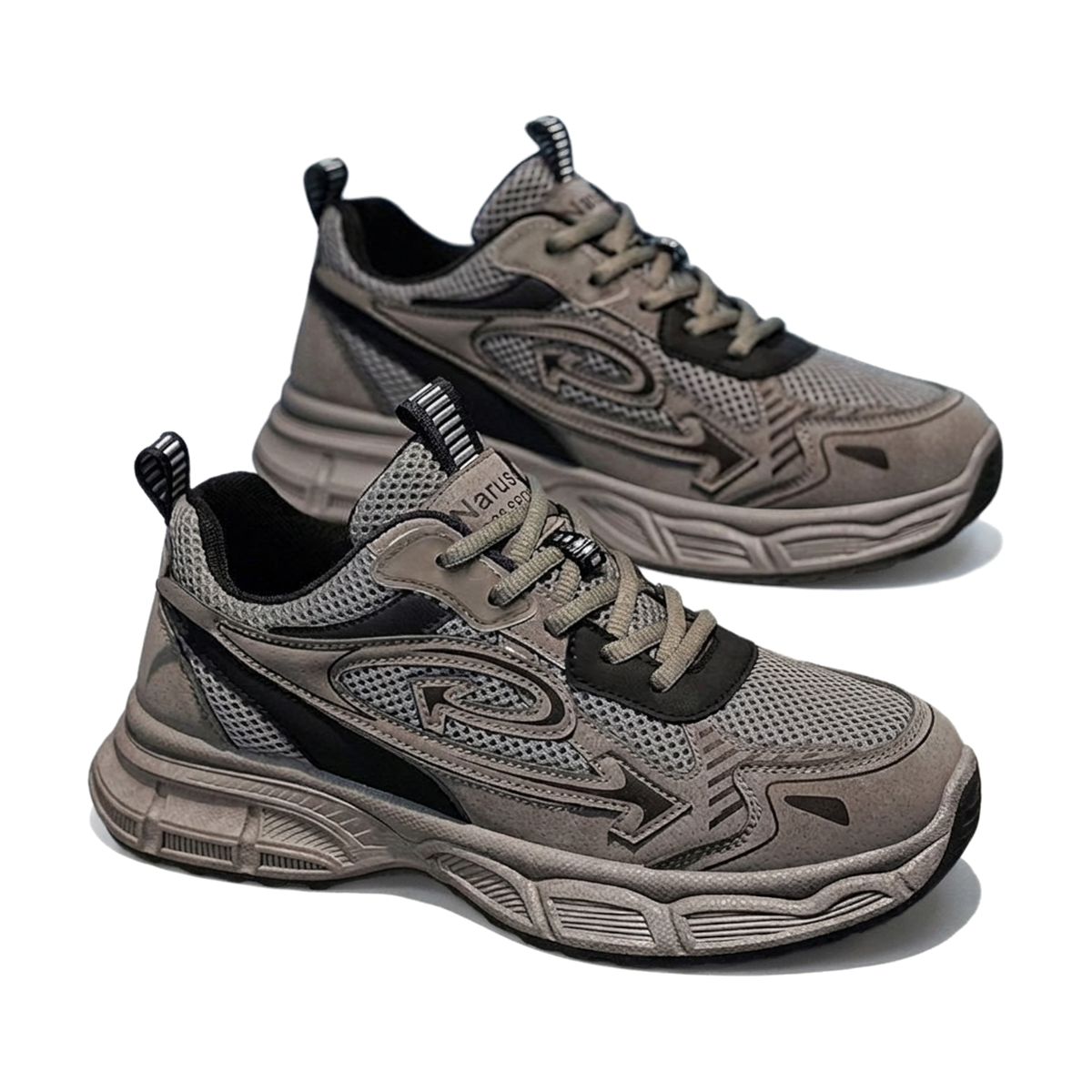 Men's Gray, Olive and Black Mesh Platform Outdoor Walking Sneakers