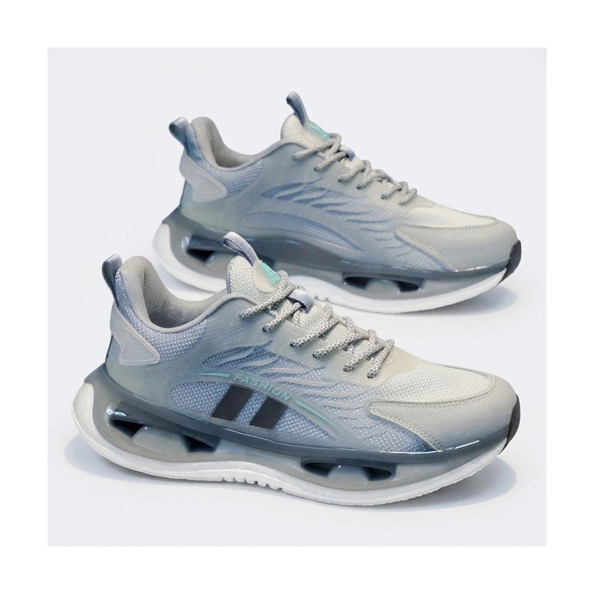 Men's Silver, Gray and Sage Green Platform Running Sneakers
