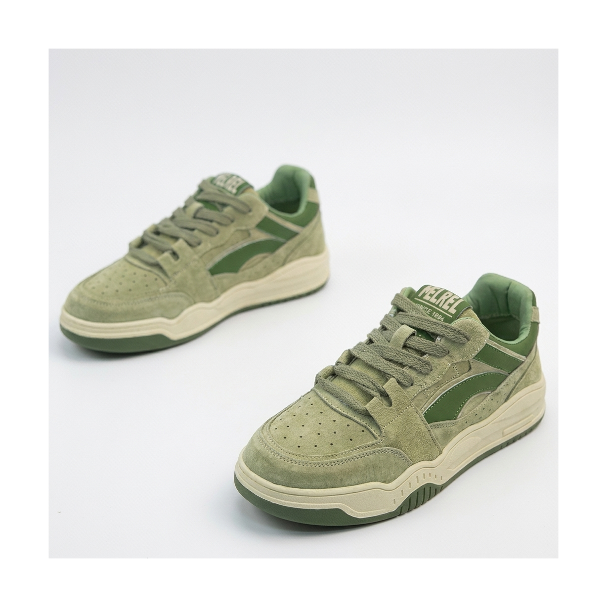Men's Silver, Sage Green and Beige Platform Retro Retro Trainer Sneakers