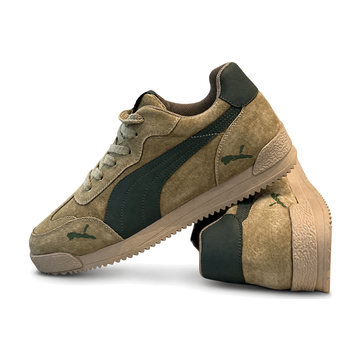 Men's Tan and Dark Green Retro Trainer Sneakers