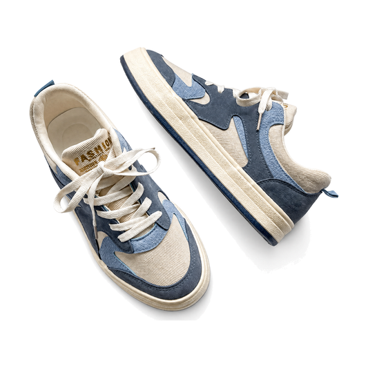Men's White and Blue Canvas Low-Top Sneakers
