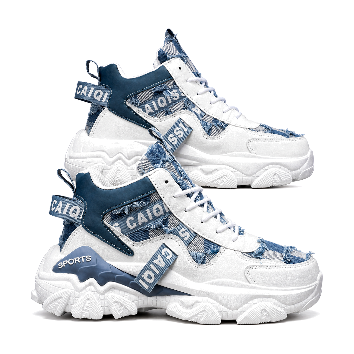 Men's White and Blue Chunky High-Top Sneakers