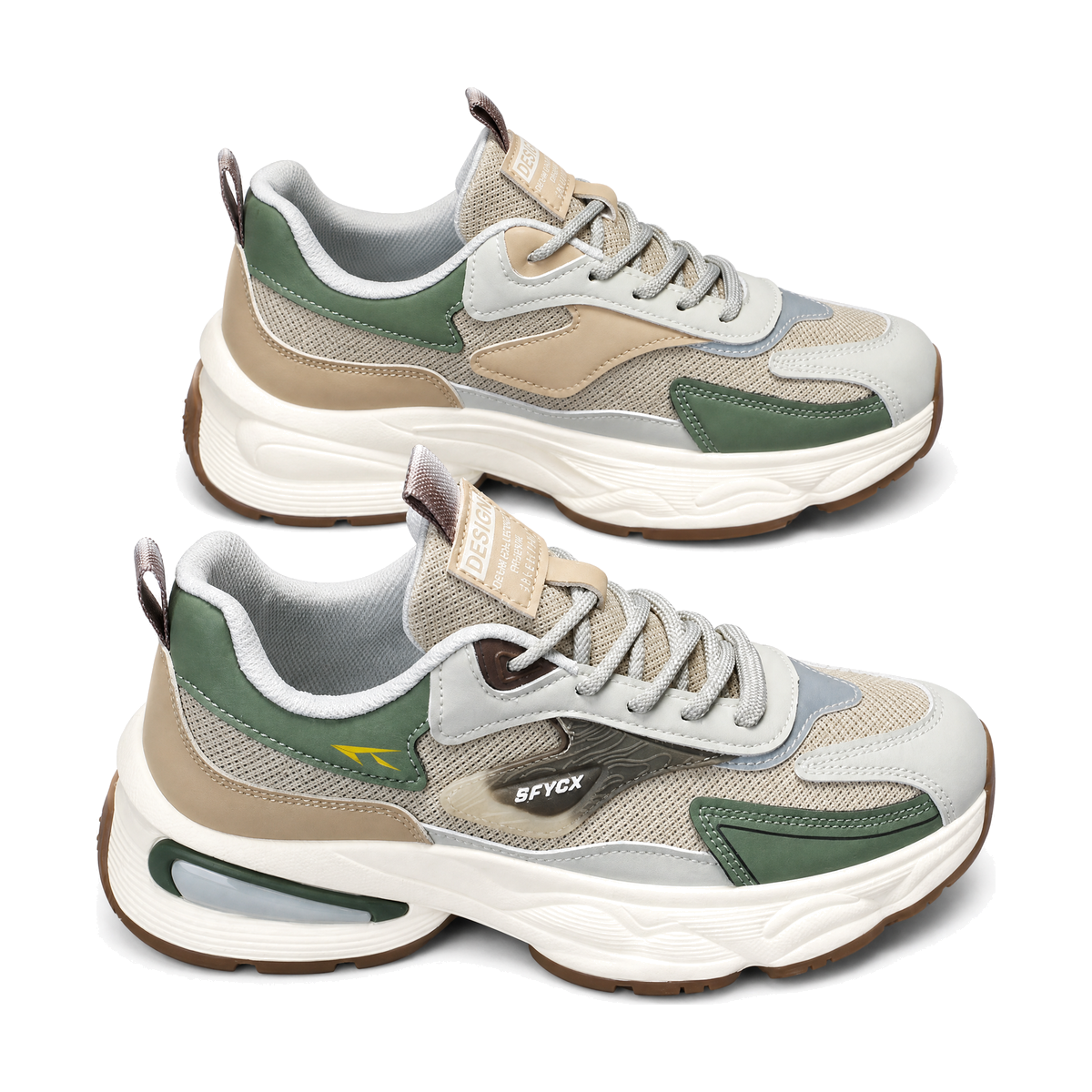 Men's White and Green Chunky Running Sneakers