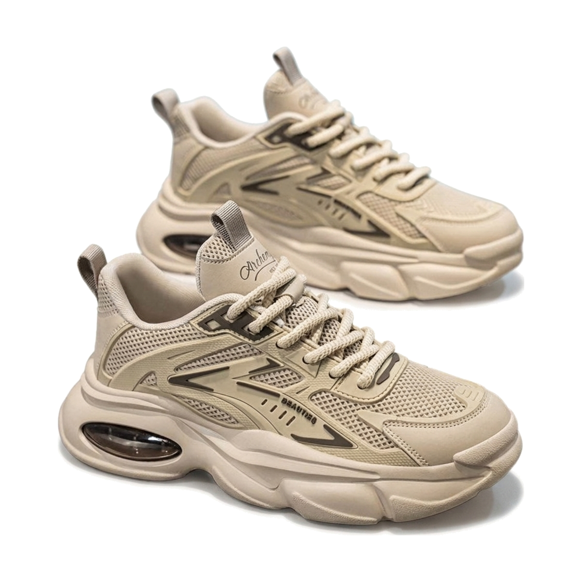 Men's White, Beige and Sage Green Mesh Platform Running Sneakers