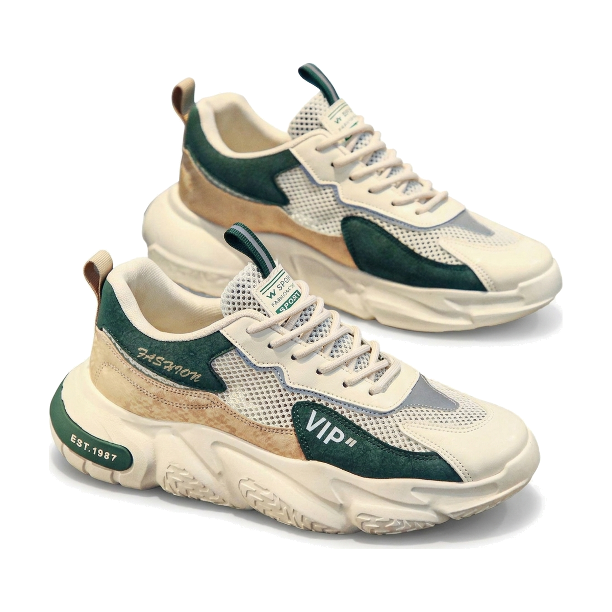 Men's White, Cream and Beige Mesh Platform Running Sneakers