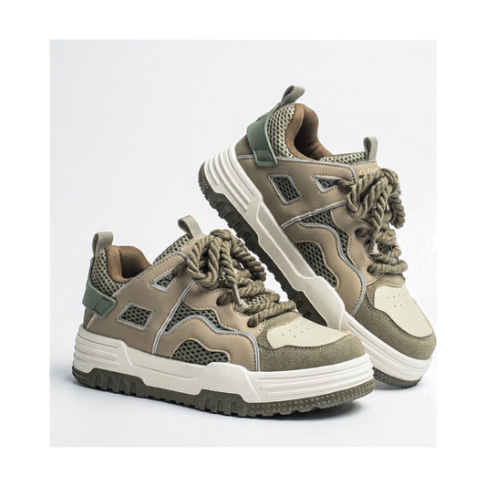 Men's White, Gray and Olive Platform Retro Trainer Sneakers