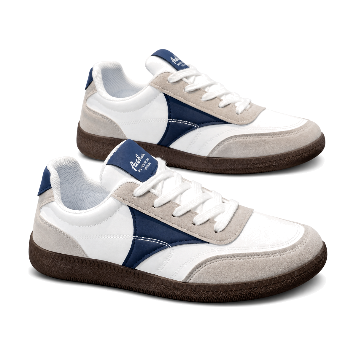 Men's White Navy and Brown Gum-Sole Sneakers