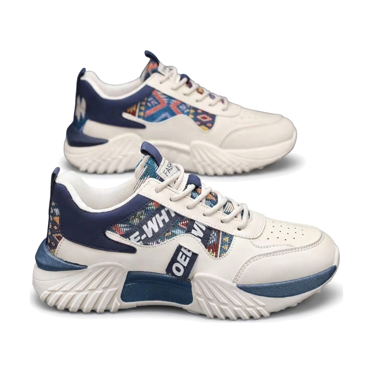 Men's White, Navy and Cream Platform Running Sneakers