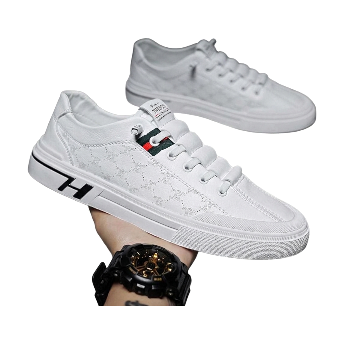 Men's White, Silver and Black Slip-On Sneakers